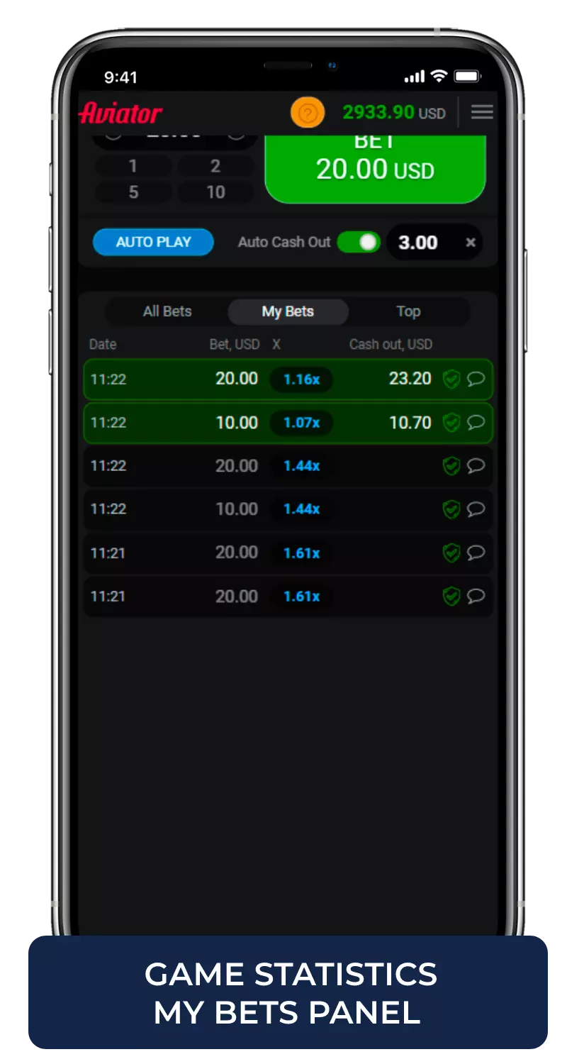 game statisticsmy Bets panel